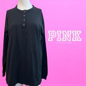NEW! Victoria Secret PINK Black 100% Cotton Long Sleeve‎ Tee 1/4 Snap Size M